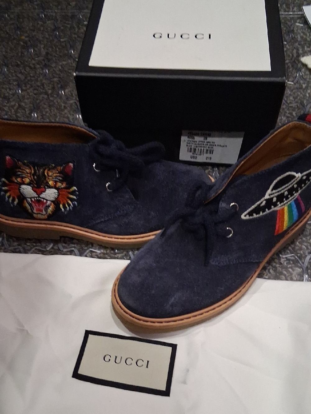Gucci Navy Suede Kids Lace-Up Boots with Embroidered Tiger & Rainbow UFO